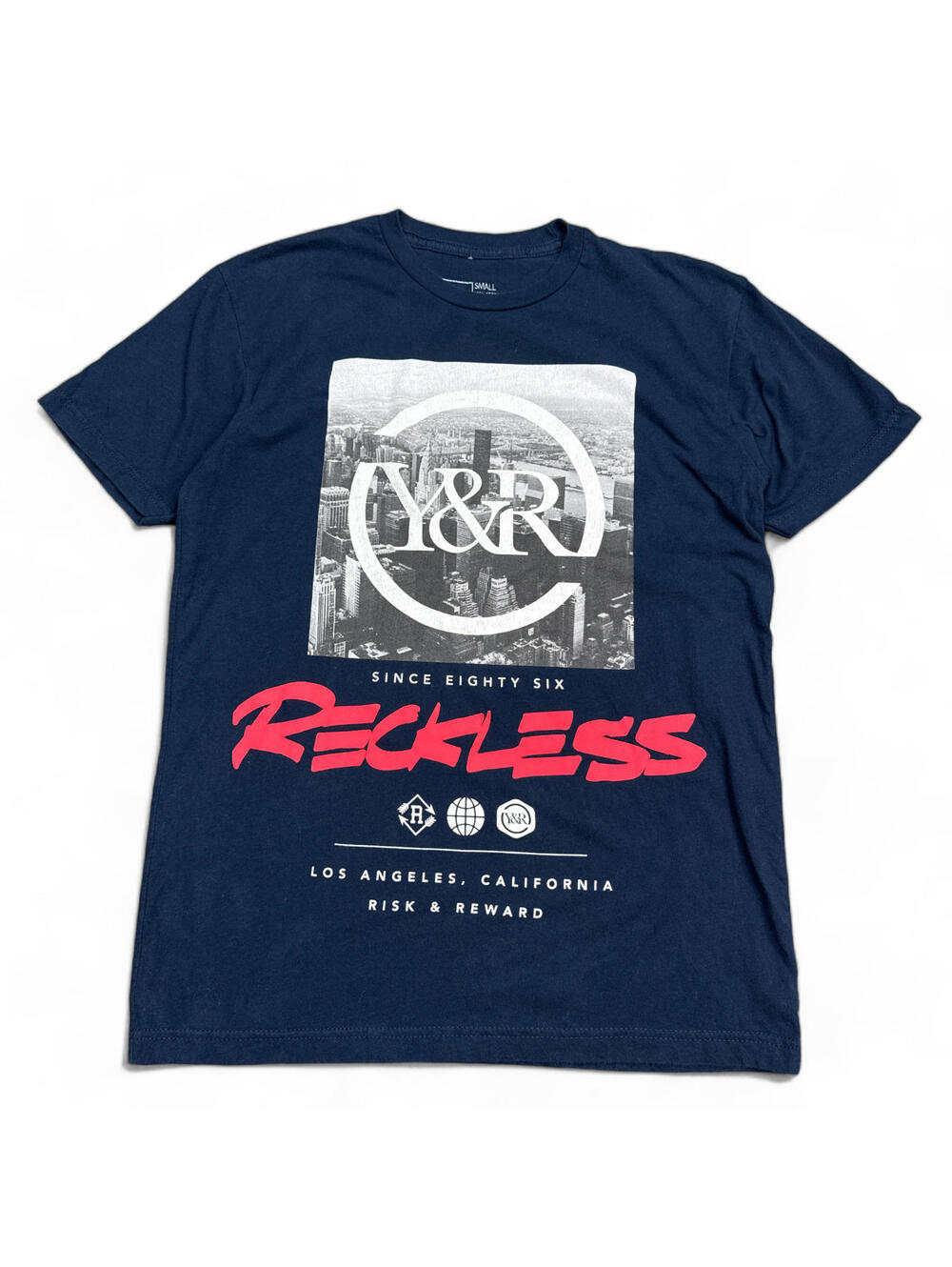 Young Reckless YR T Shirt Mens Size Small Blue Big Print Logo Y2K Skater